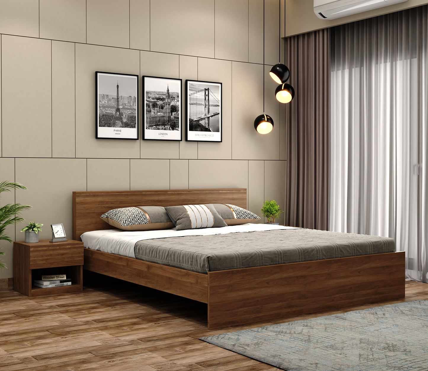 Elegance King Size Bed in Premium Engineered Wood (Walnut Finish, No Storage)