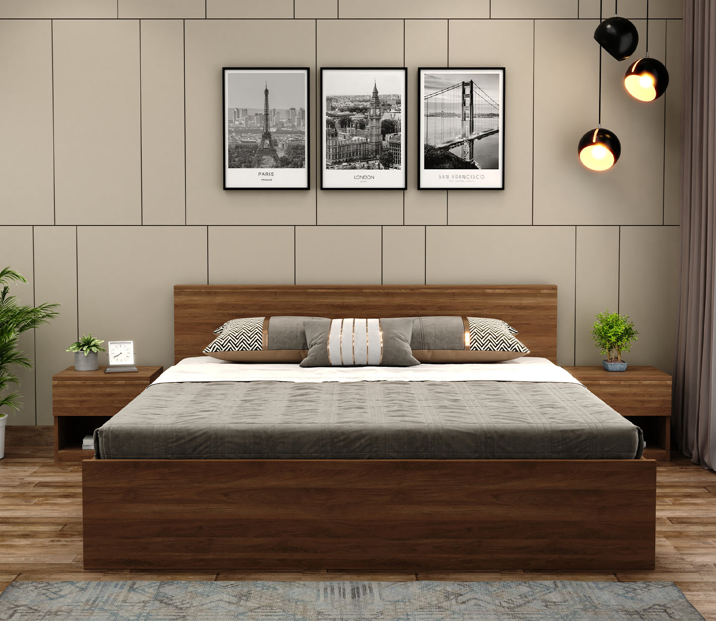 Elegance King Size Bed in Premium Engineered Wood (Walnut Finish, No Storage)