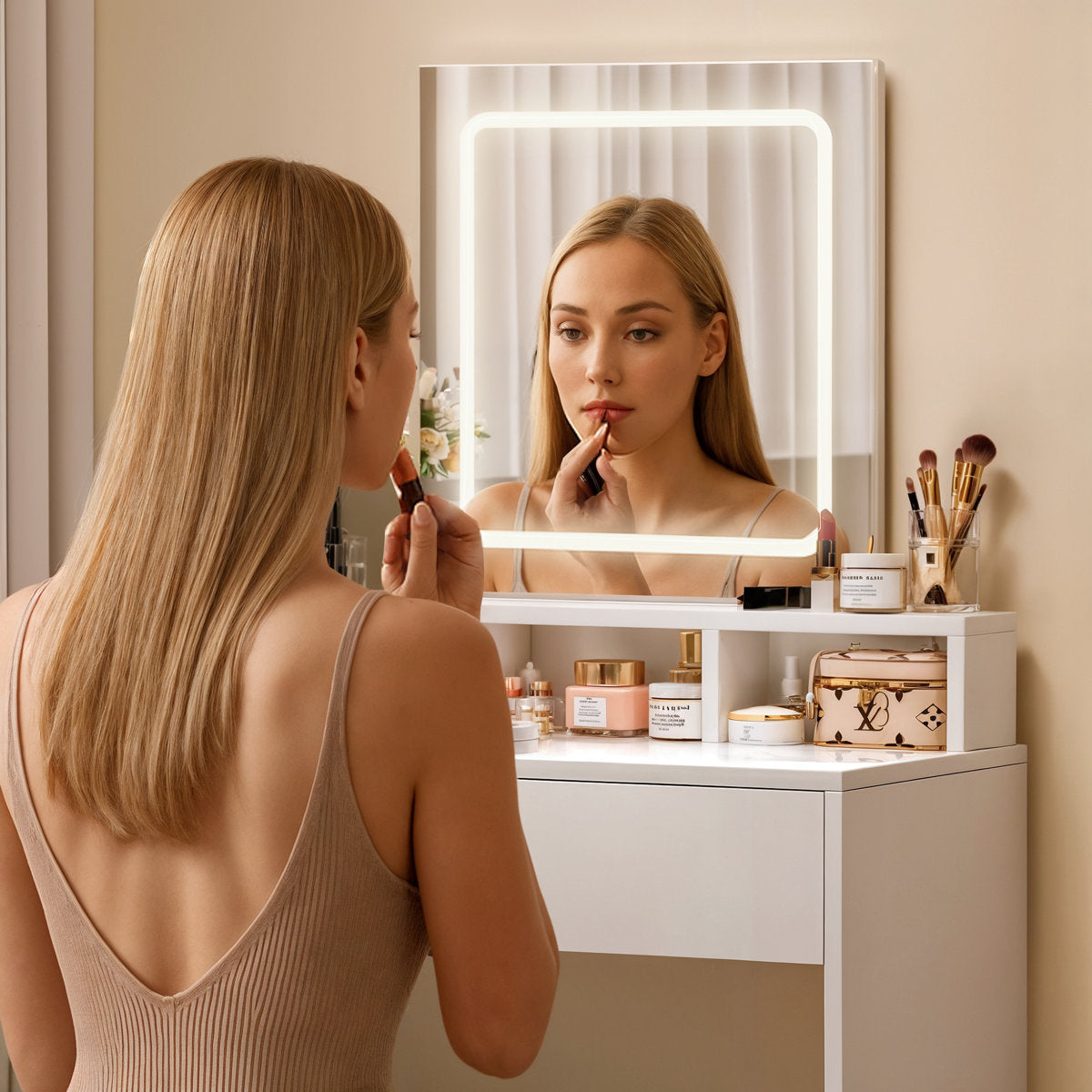 OmkarWood Premium LED Dressing Table with Touch Mirror & Storage – White Finish