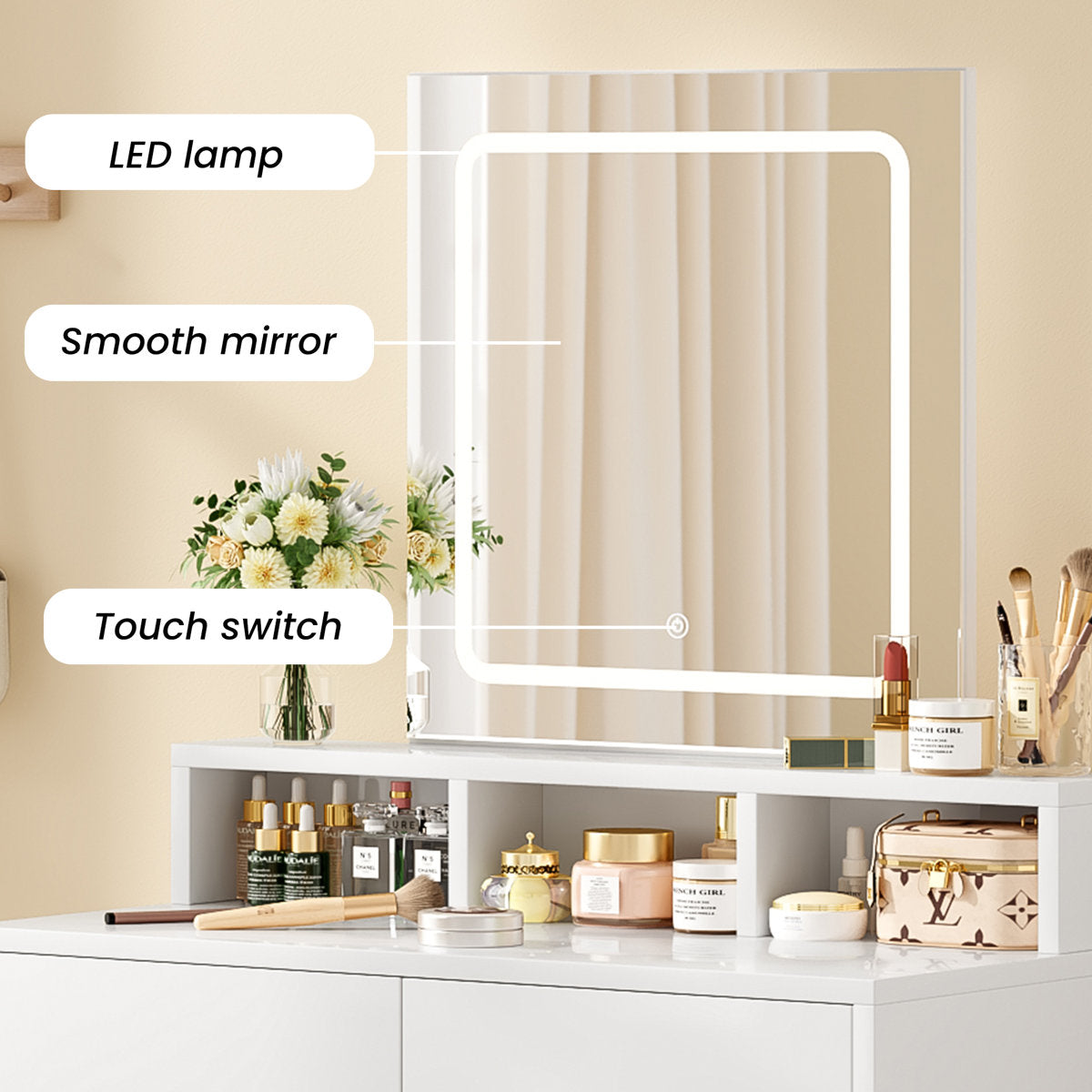 OmkarWood Premium LED Dressing Table with Touch Mirror & Storage – White Finish