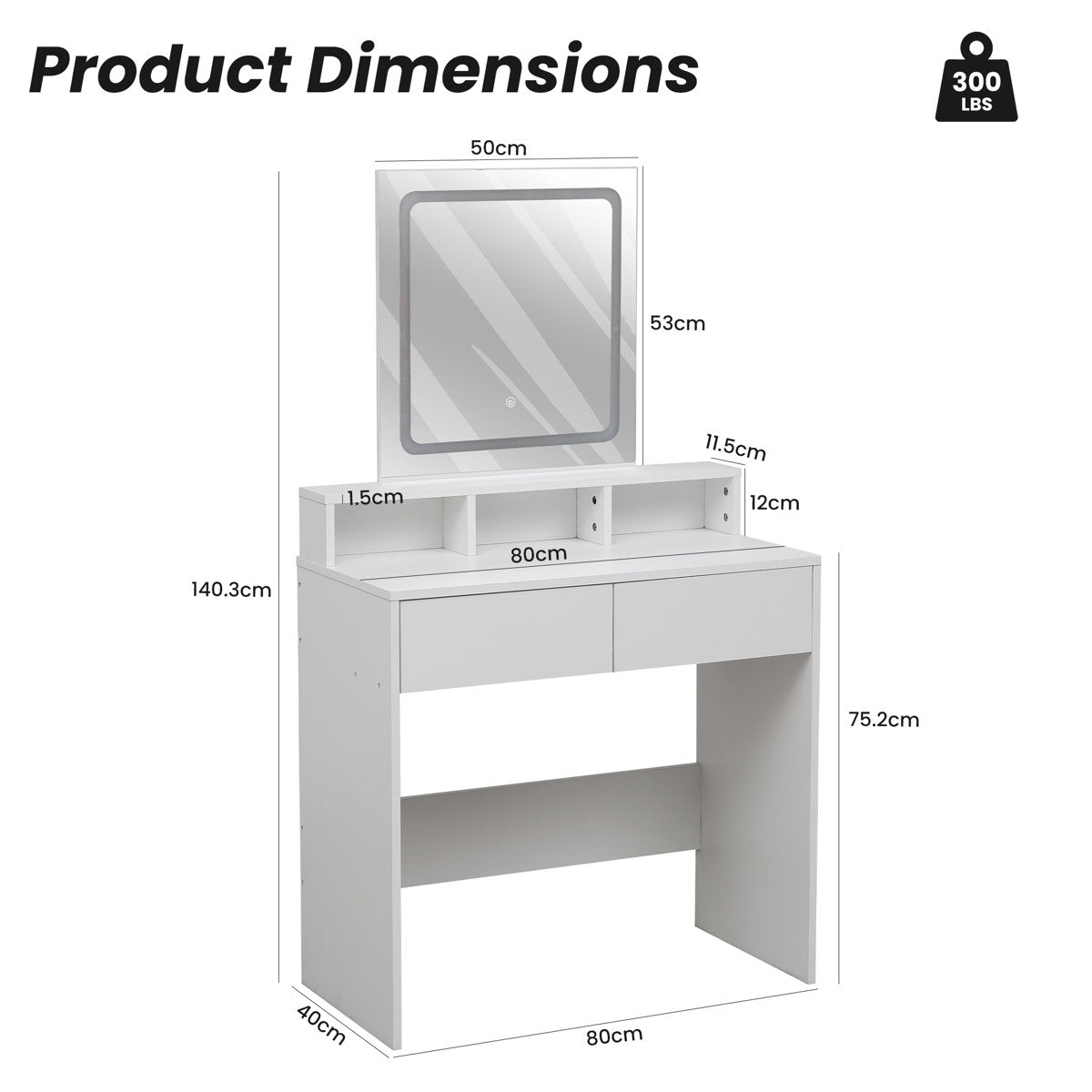 OmkarWood Premium LED Dressing Table with Touch Mirror & Storage – White Finish