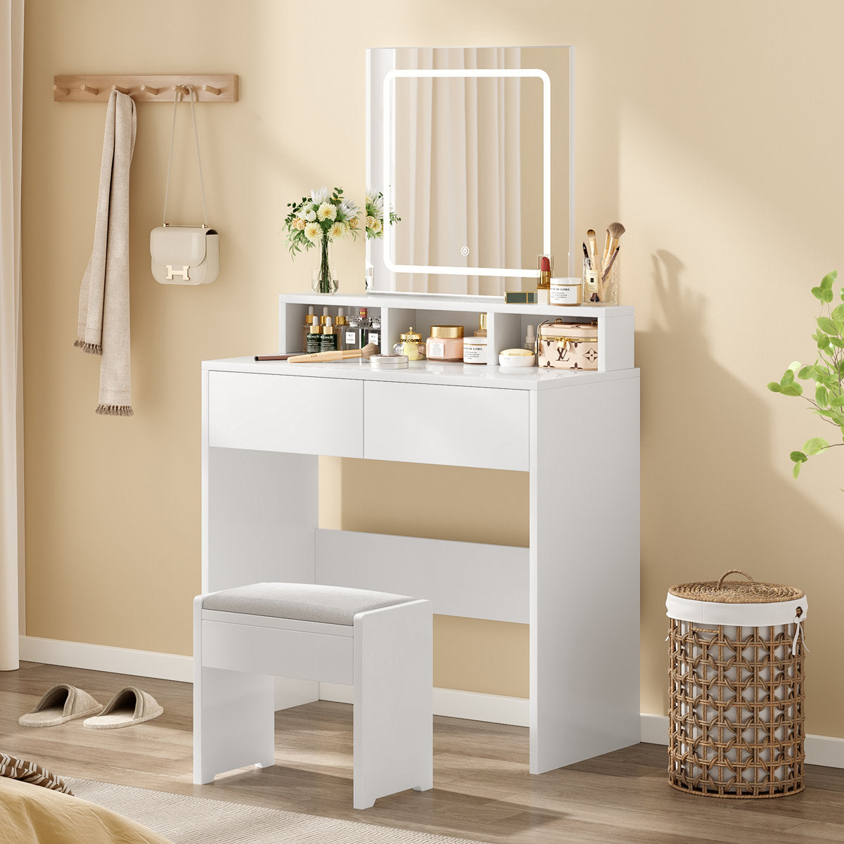 OmkarWood Premium LED Dressing Table with Touch Mirror & Storage – White Finish