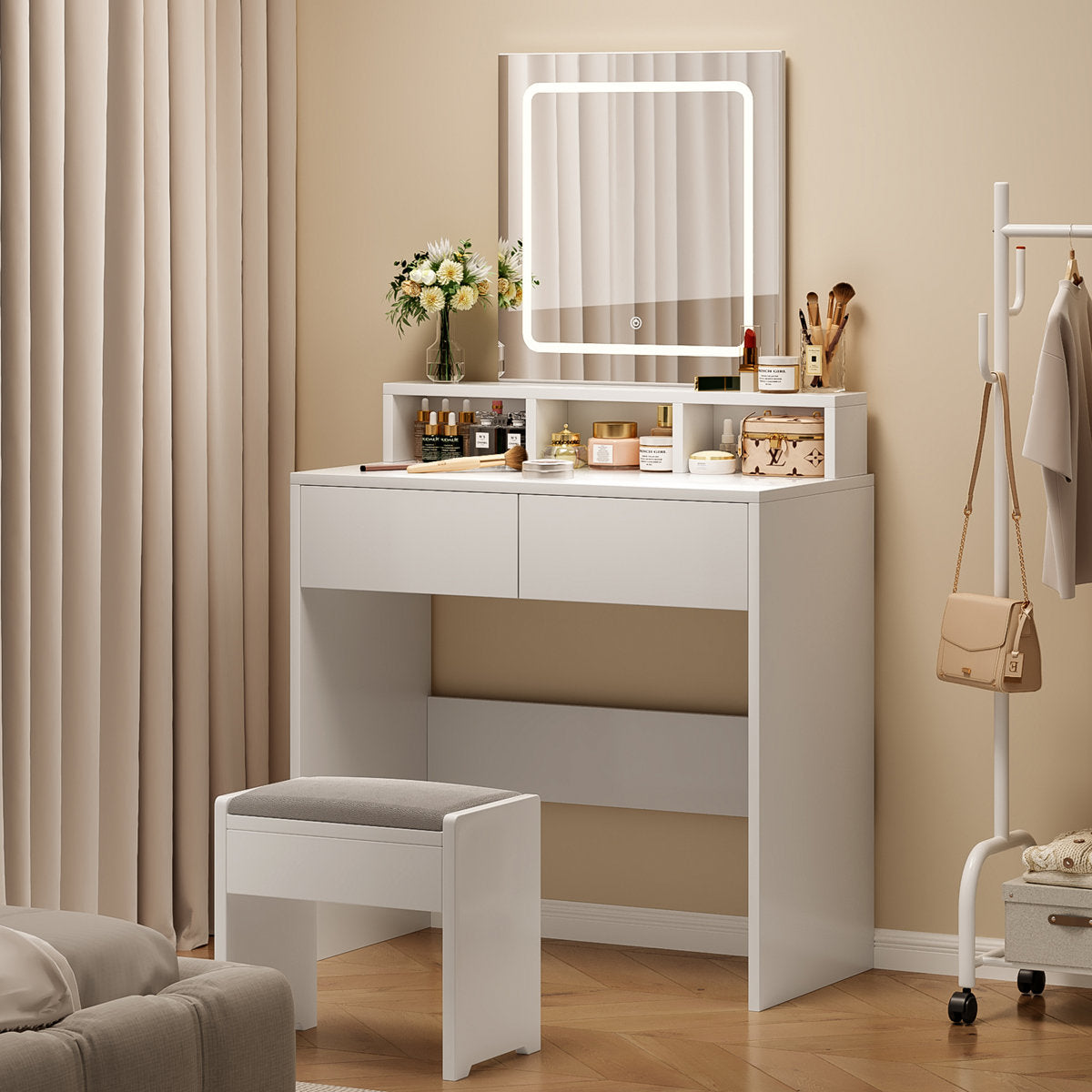 OmkarWood Premium LED Dressing Table with Touch Mirror & Storage – White Finish