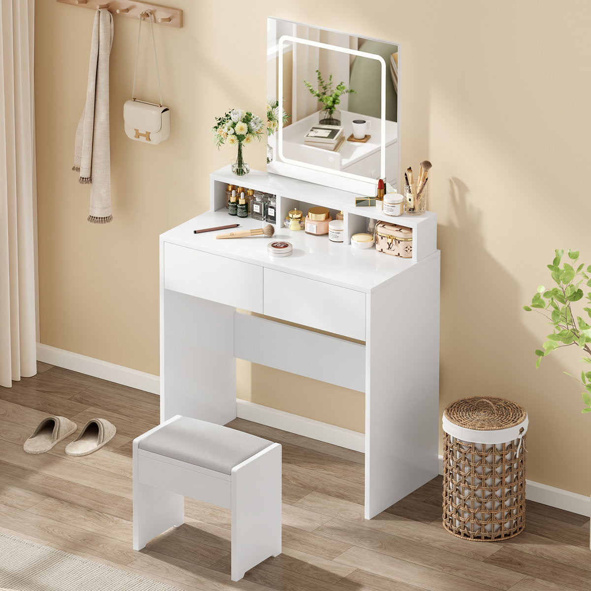 OmkarWood Premium LED Dressing Table with Touch Mirror & Storage – White Finish
