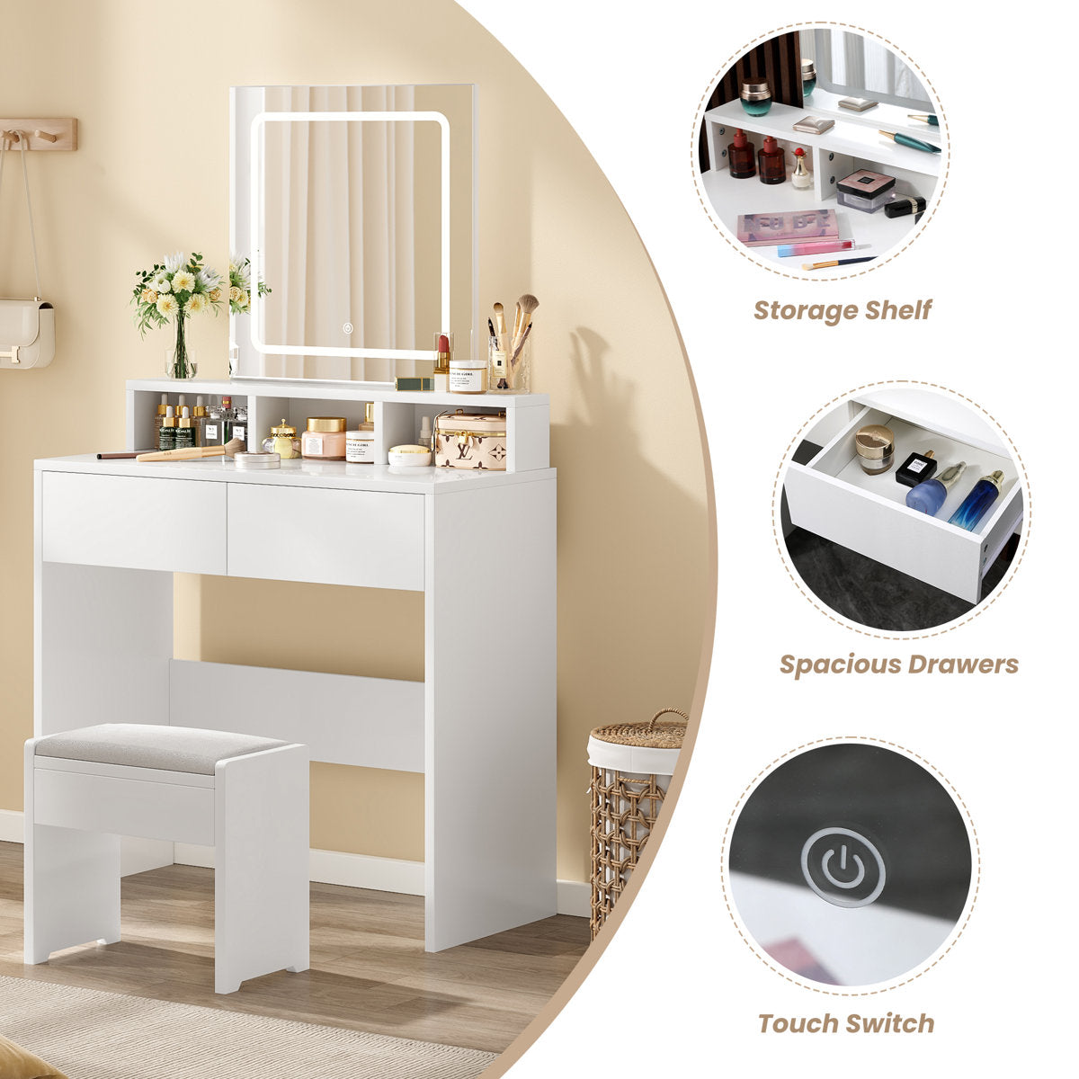 OmkarWood Premium LED Dressing Table with Touch Mirror & Storage – White Finish