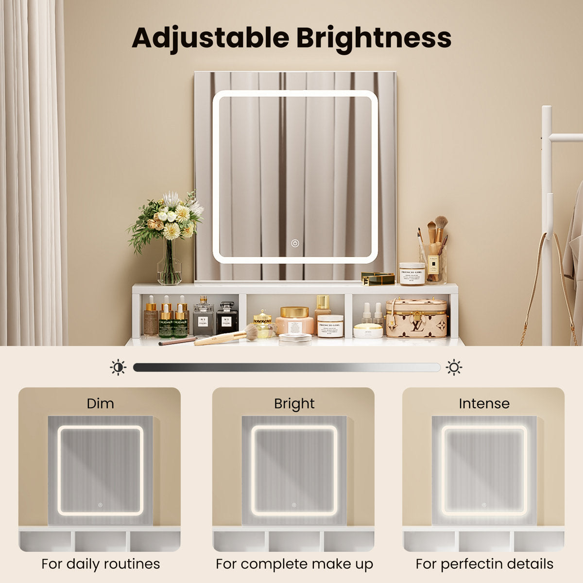 OmkarWood Premium LED Dressing Table with Touch Mirror & Storage – White Finish
