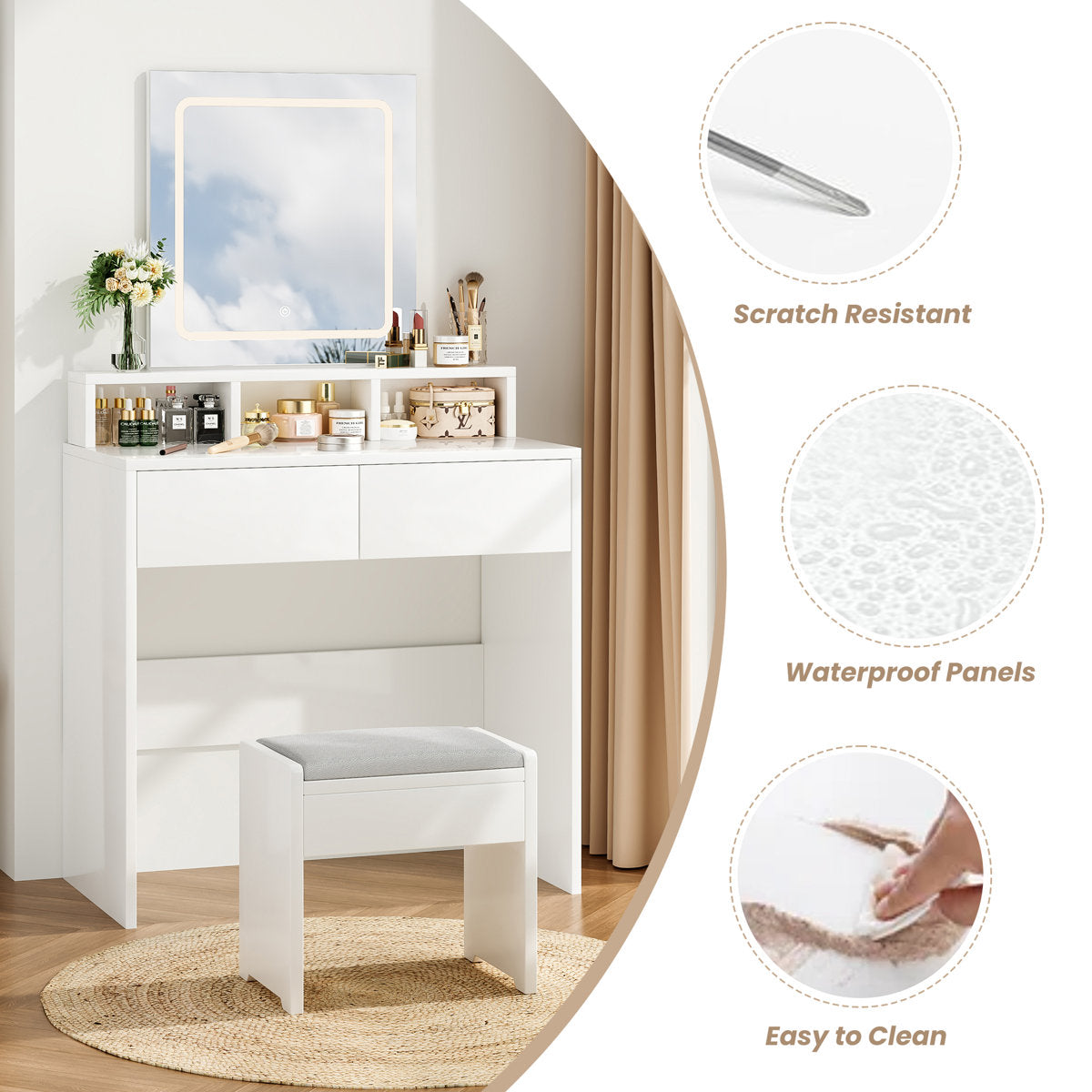 OmkarWood Premium LED Dressing Table with Touch Mirror & Storage – White Finish