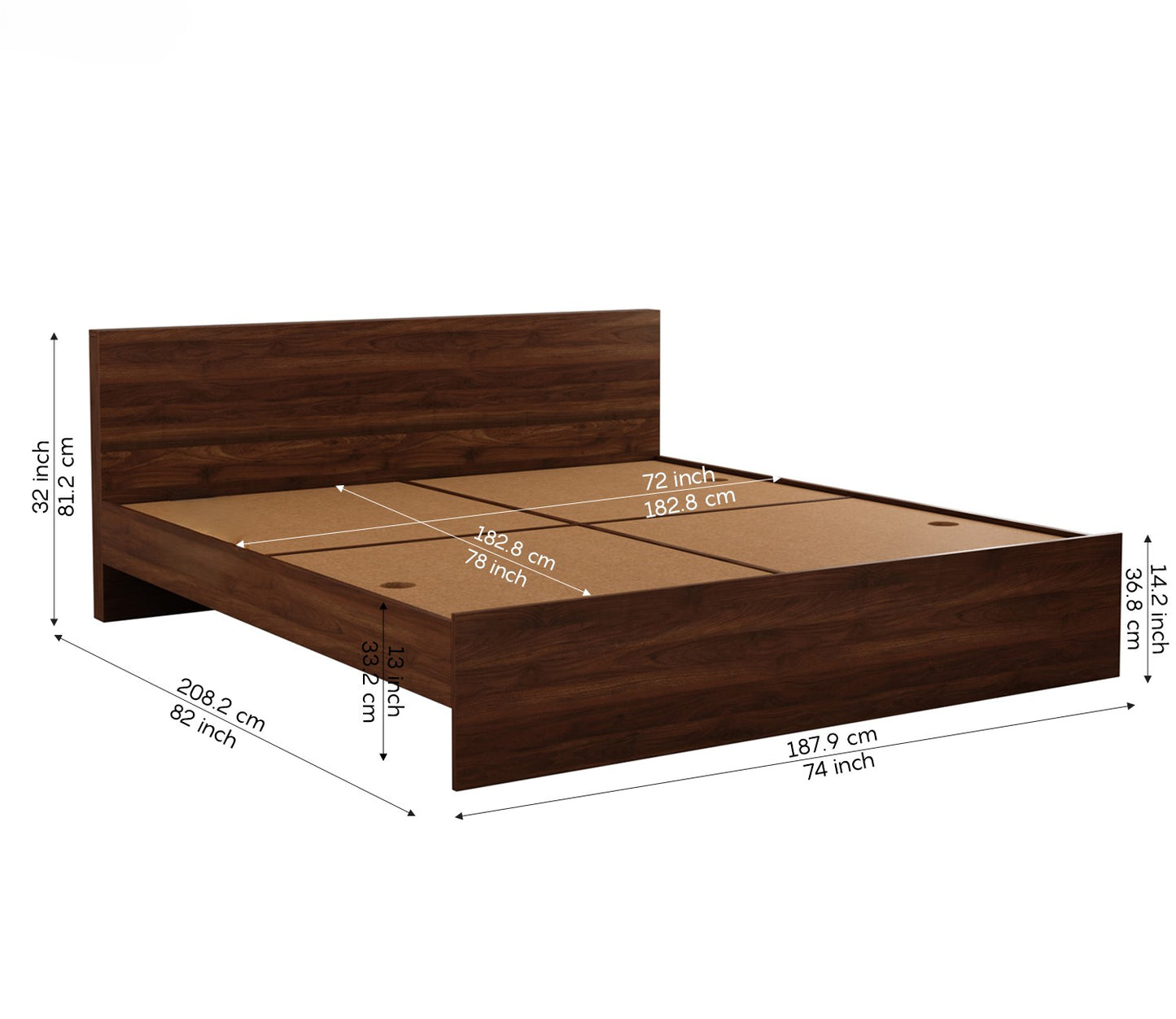 Elegance King Size Bed in Premium Engineered Wood (Walnut Finish, No Storage)