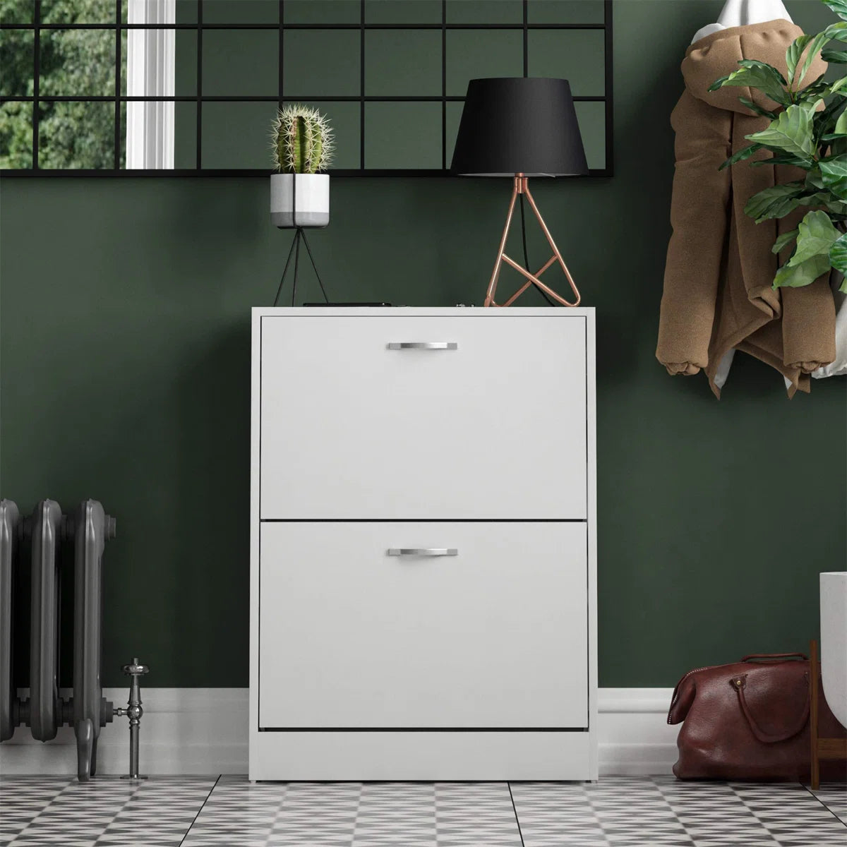 OmkarWood Flip-Down Shoe Cabinet – Compact 2-Door Storage for 8 Pairs (White Engineered Wood)