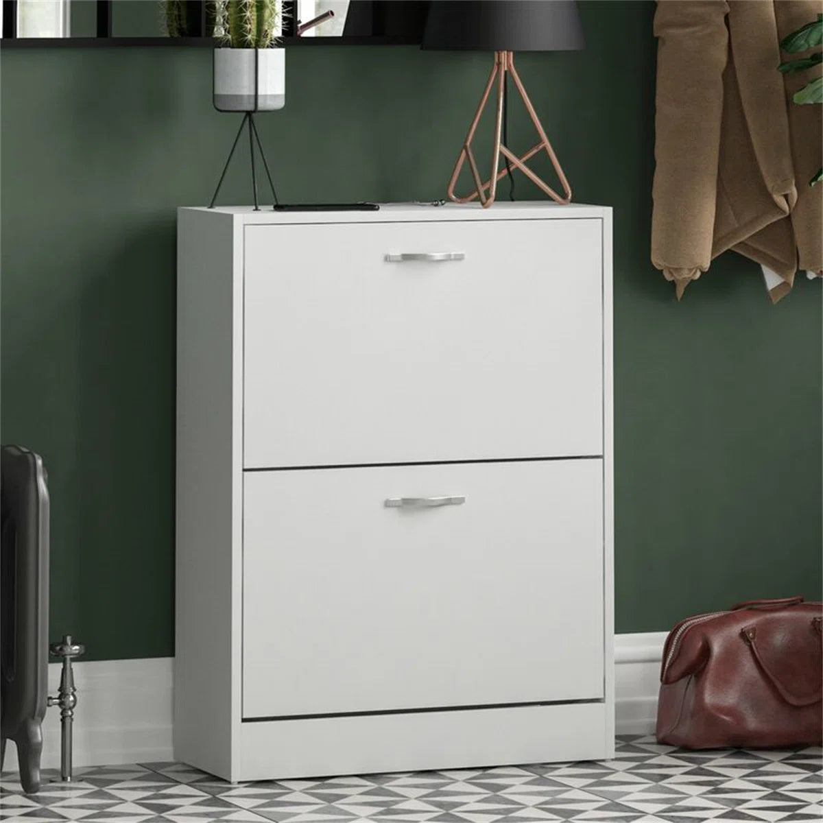 OmkarWood Flip-Down Shoe Cabinet – Compact 2-Door Storage for 8 Pairs (White Engineered Wood)