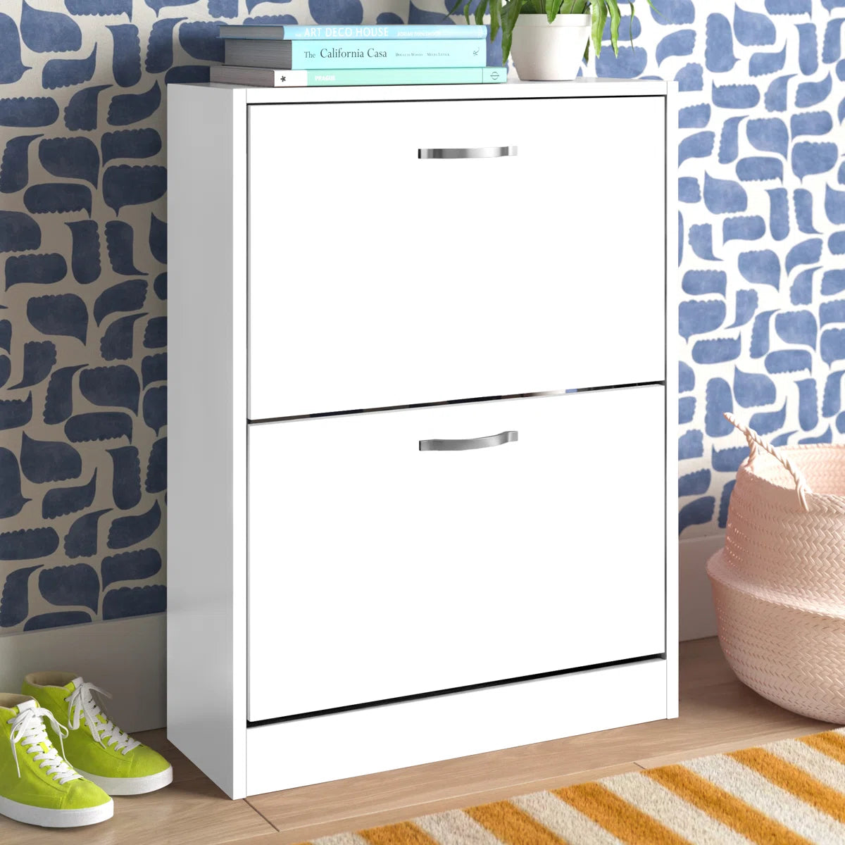 OmkarWood Flip-Down Shoe Cabinet – Compact 2-Door Storage for 8 Pairs (White Engineered Wood)