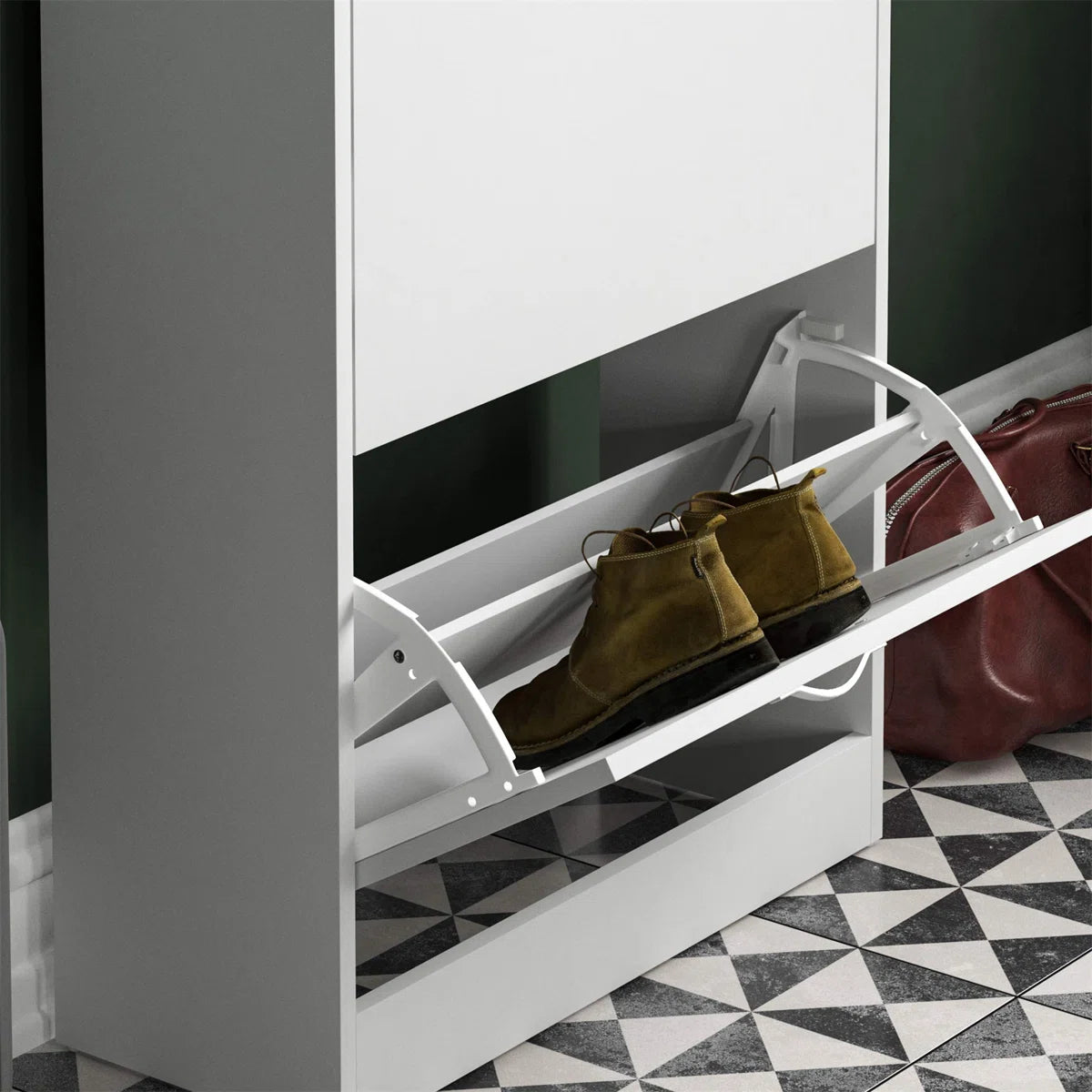 OmkarWood Flip-Down Shoe Cabinet – Compact 2-Door Storage for 8 Pairs (White Engineered Wood)