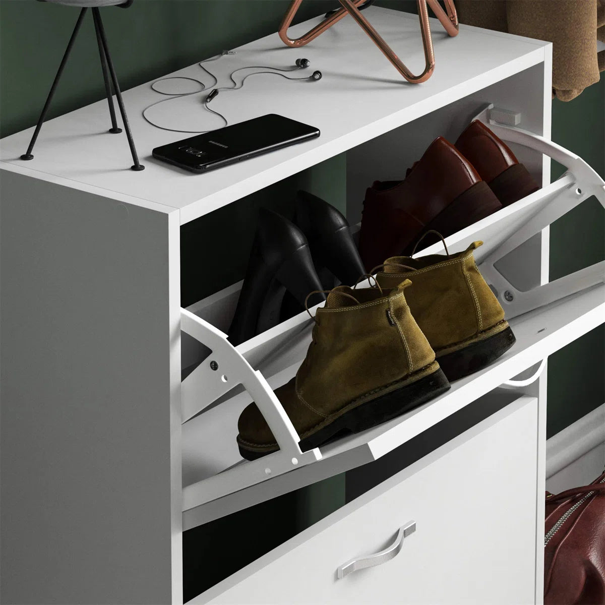 OmkarWood Flip-Down Shoe Cabinet – Compact 2-Door Storage for 8 Pairs (White Engineered Wood)