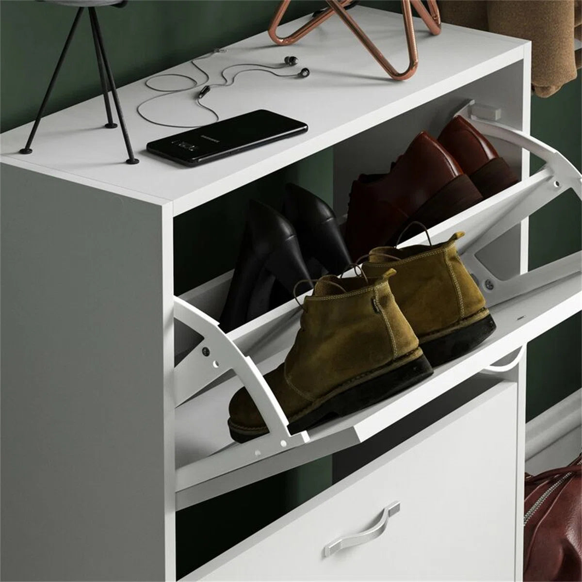 OmkarWood Flip-Down Shoe Cabinet – Compact 2-Door Storage for 8 Pairs (White Engineered Wood)