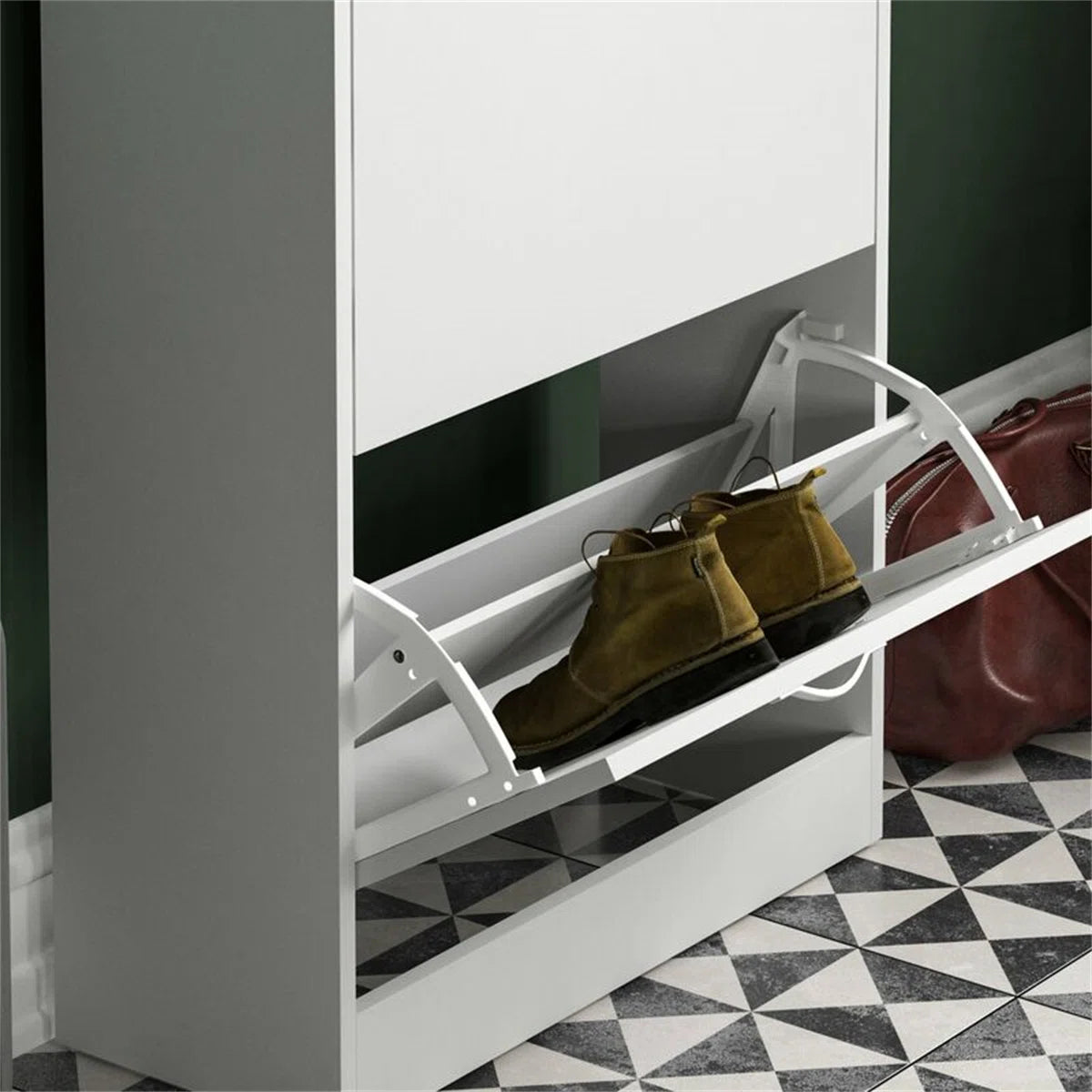 OmkarWood Flip-Down Shoe Cabinet – Compact 2-Door Storage for 8 Pairs (White Engineered Wood)