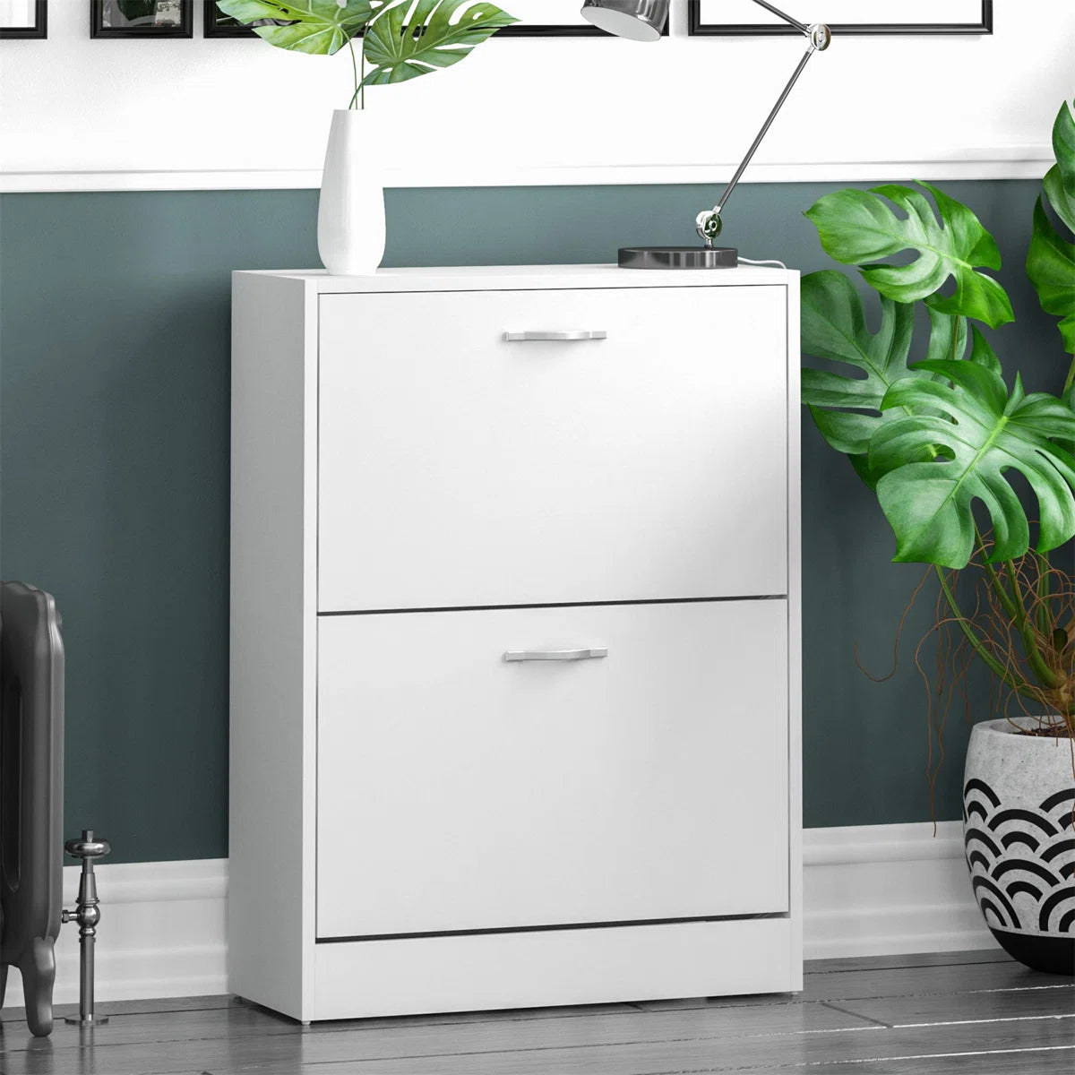 OmkarWood Flip-Down Shoe Cabinet – Compact 2-Door Storage for 8 Pairs (White Engineered Wood)