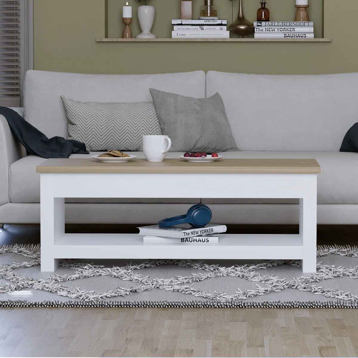 Omkarwood Beacsfield 2-Tier Coffee Table – White Base with Natural Oak Finish Top