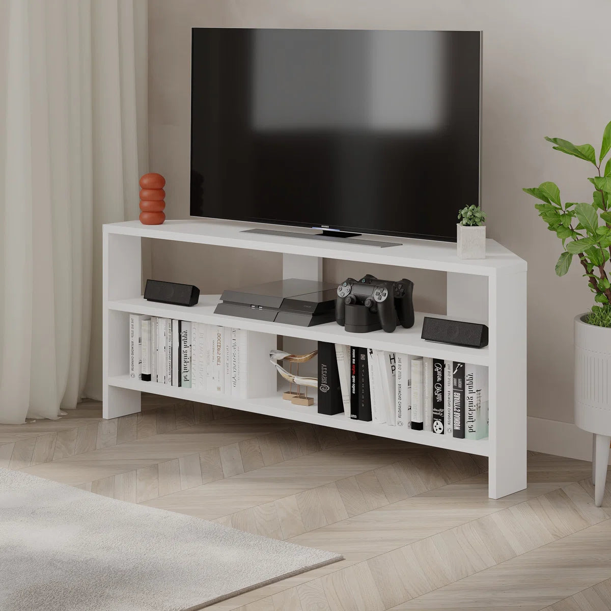 OmkarWood Vertex White Corner TV Stand – Premium Engineered Wood Unit for TVs up to 49"