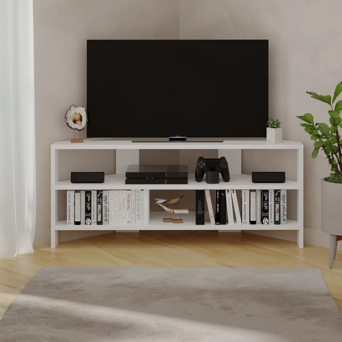 OmkarWood Vertex White Corner TV Stand – Premium Engineered Wood Unit for TVs up to 49"