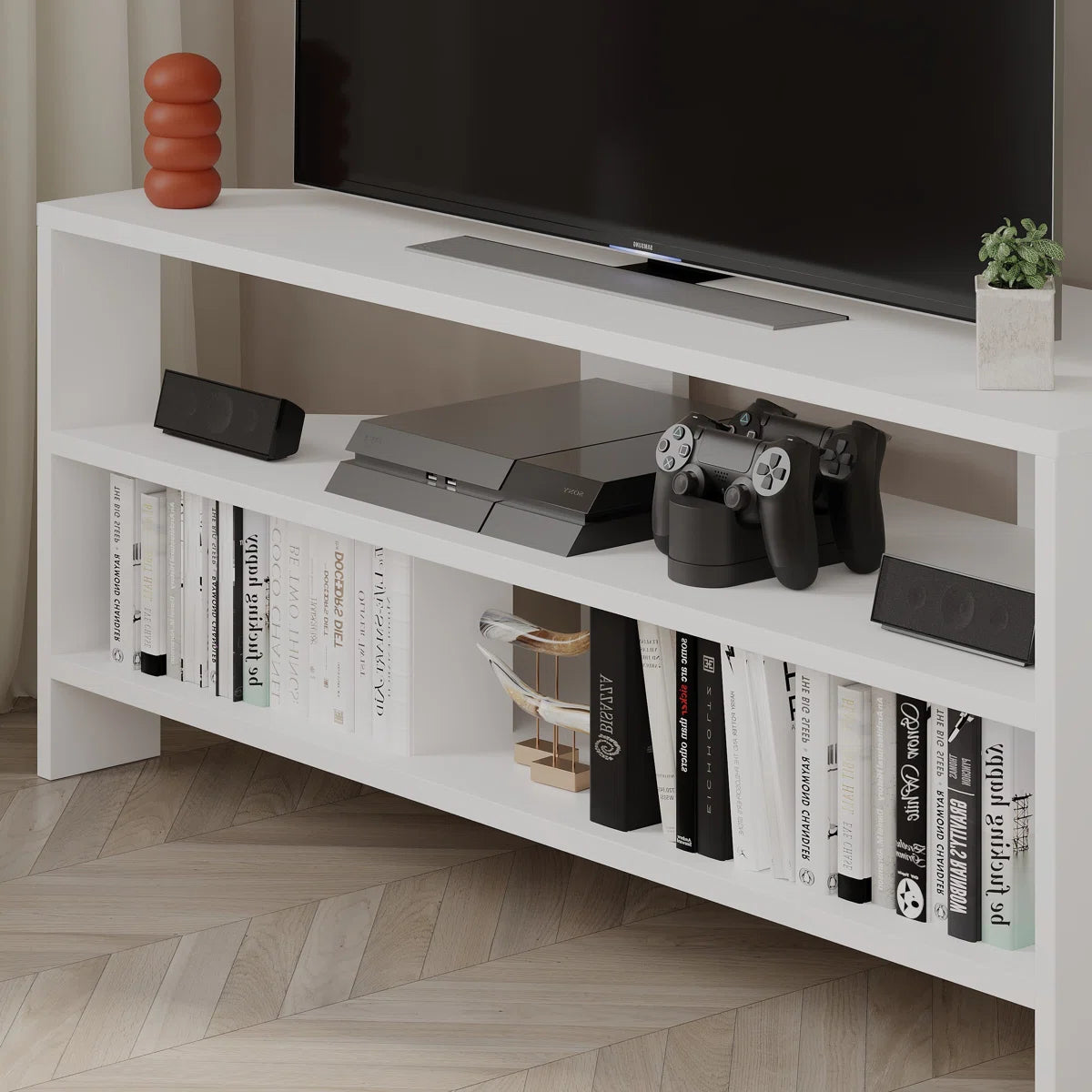 OmkarWood Vertex White Corner TV Stand – Premium Engineered Wood Unit for TVs up to 49"