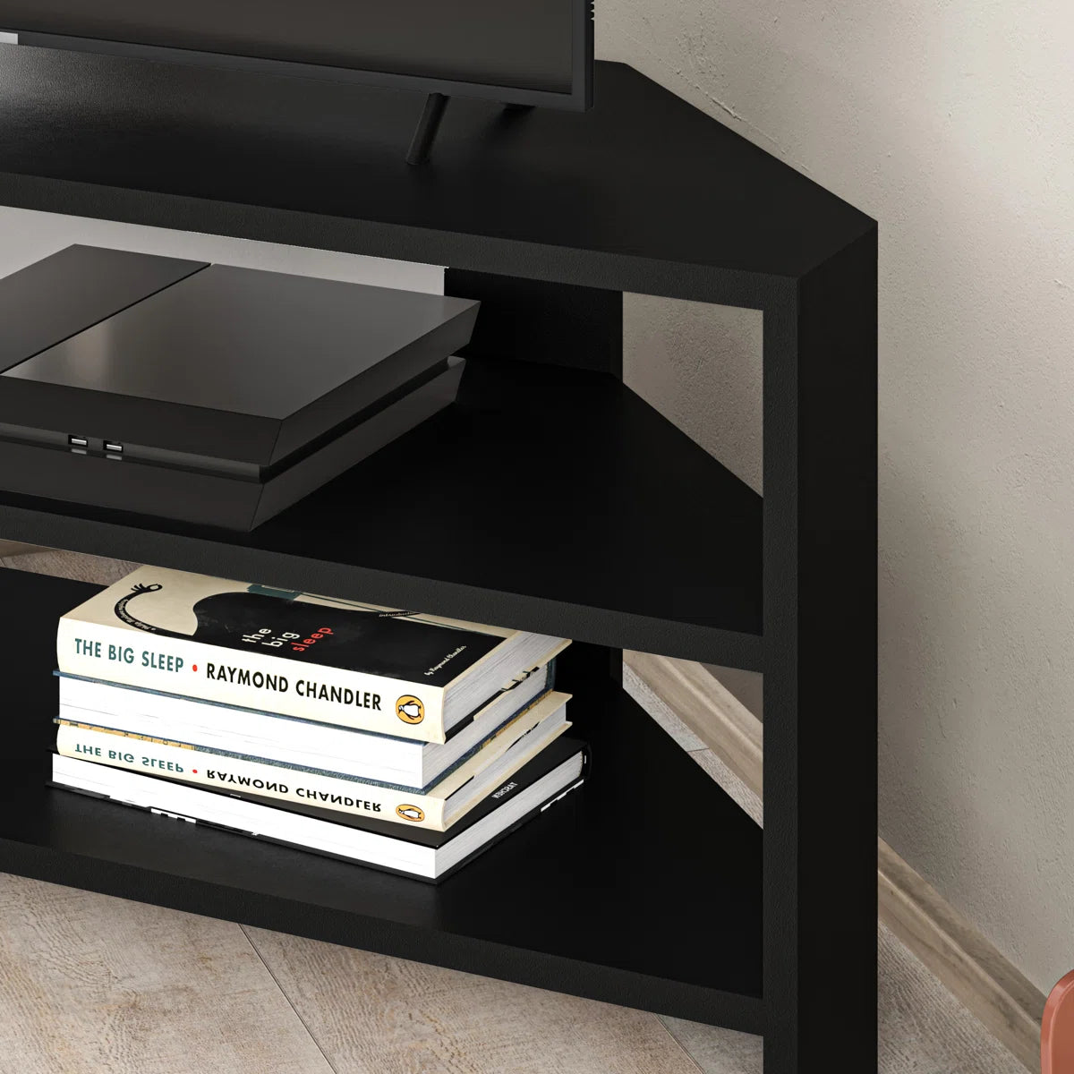 OmkarWood Vertex Black Corner TV Stand – Premium Engineered Wood Unit for TVs up to 49"