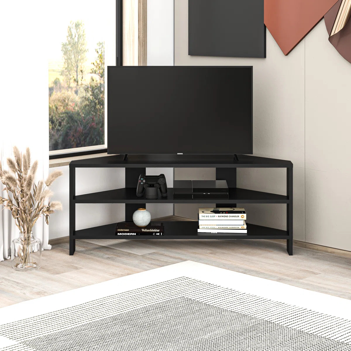 OmkarWood Vertex Black Corner TV Stand – Premium Engineered Wood Unit for TVs up to 49"