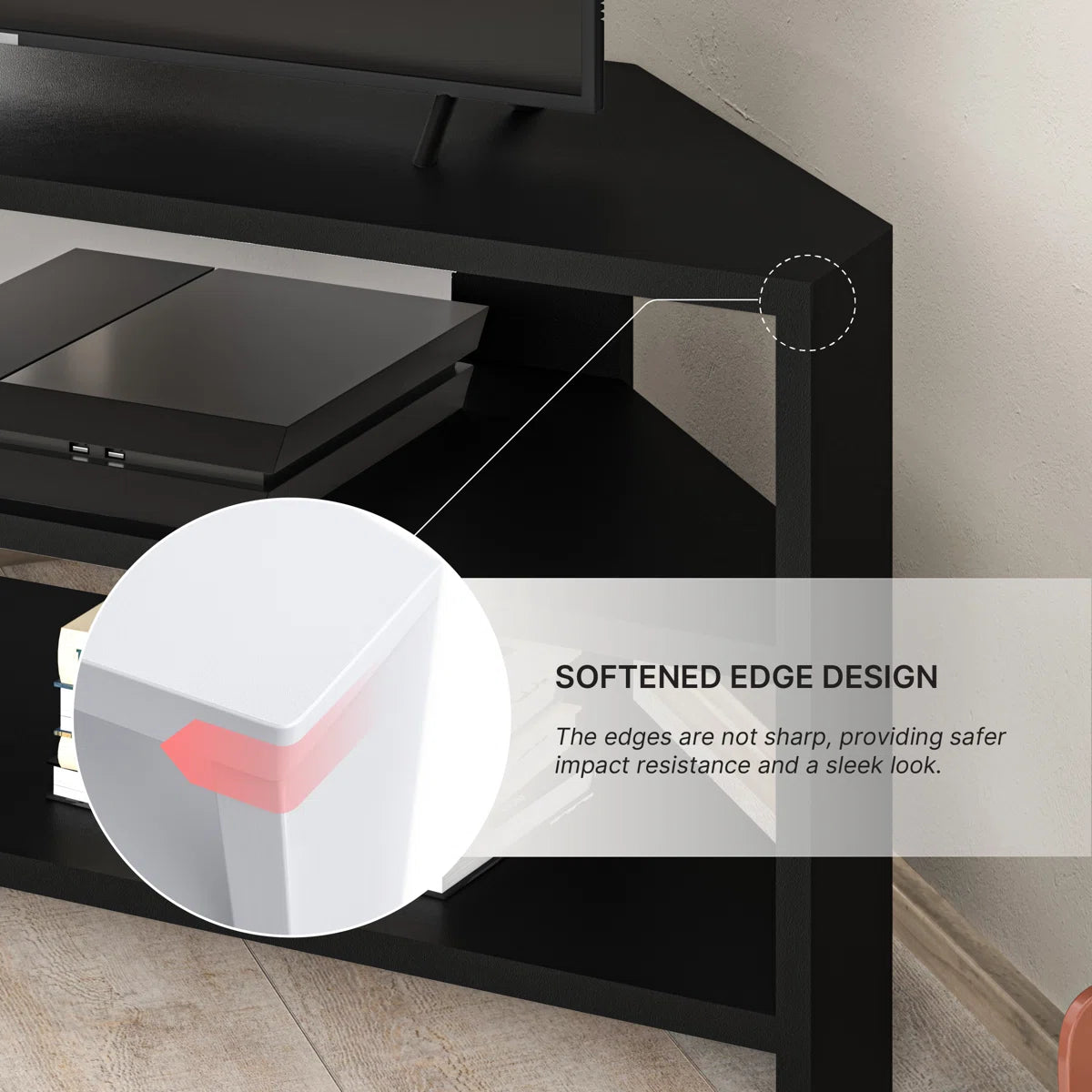 OmkarWood Vertex Black Corner TV Stand – Premium Engineered Wood Unit for TVs up to 49"