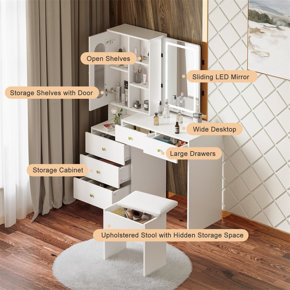OmkarWood LuxeGlow Sliding LED Dressing Unit