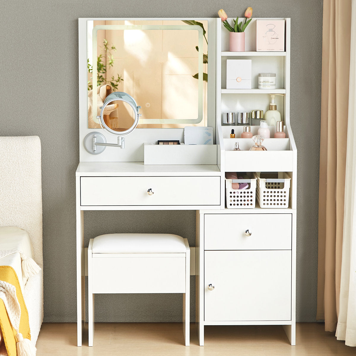 OmkarWood Eleganz Vanity Station with LED Mirror & Storage Hutch