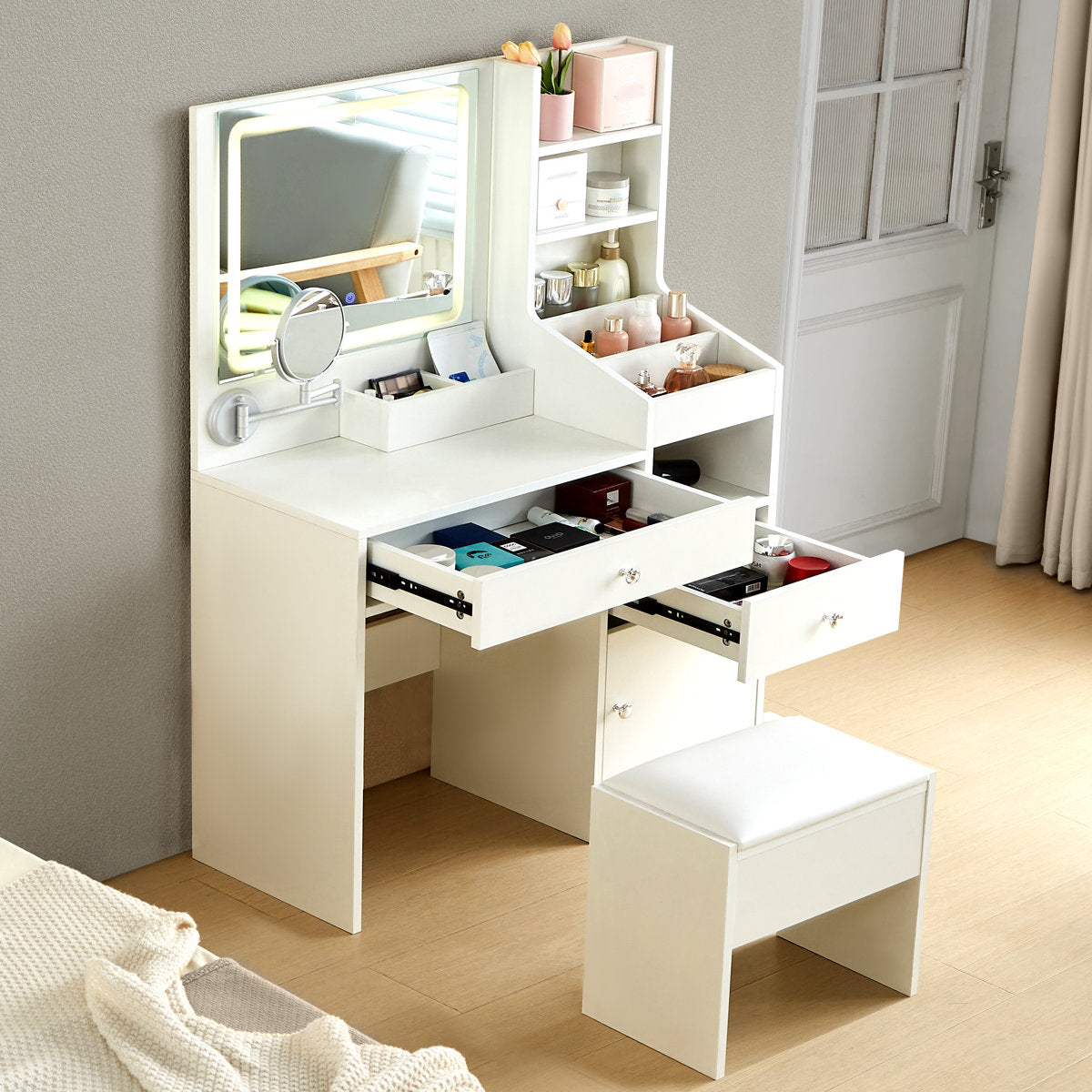 OmkarWood Eleganz Vanity Station with LED Mirror & Storage Hutch