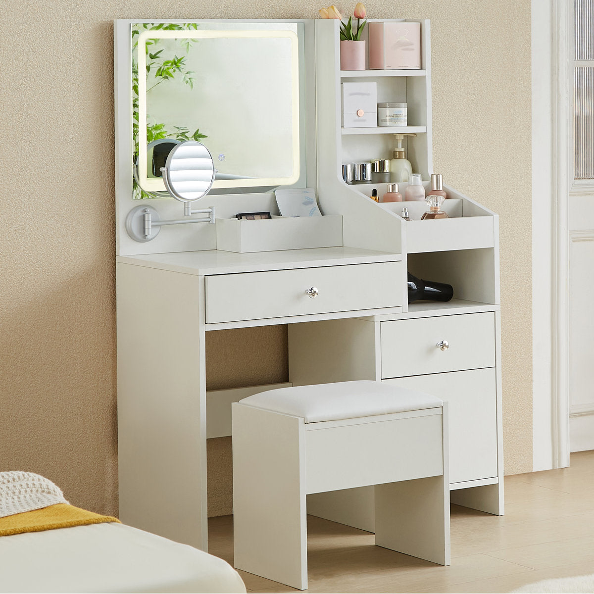 OmkarWood Eleganz Vanity Station with LED Mirror & Storage Hutch