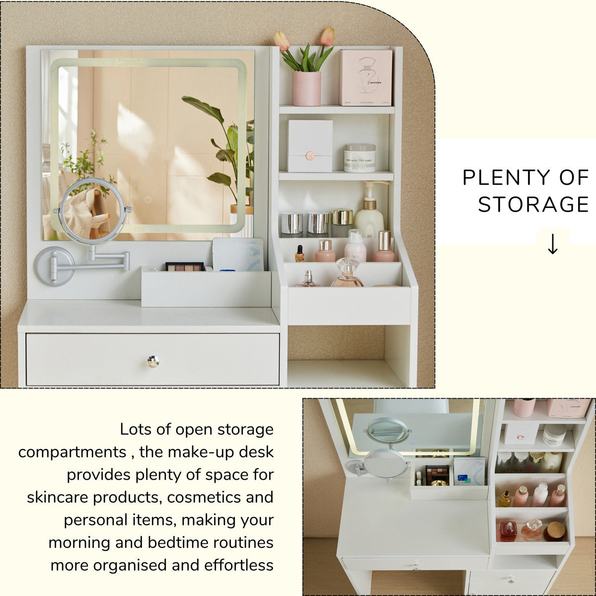 OmkarWood Eleganz Vanity Station with LED Mirror & Storage Hutch