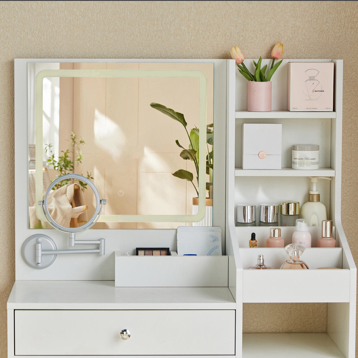 OmkarWood Eleganz Vanity Station with LED Mirror & Storage Hutch