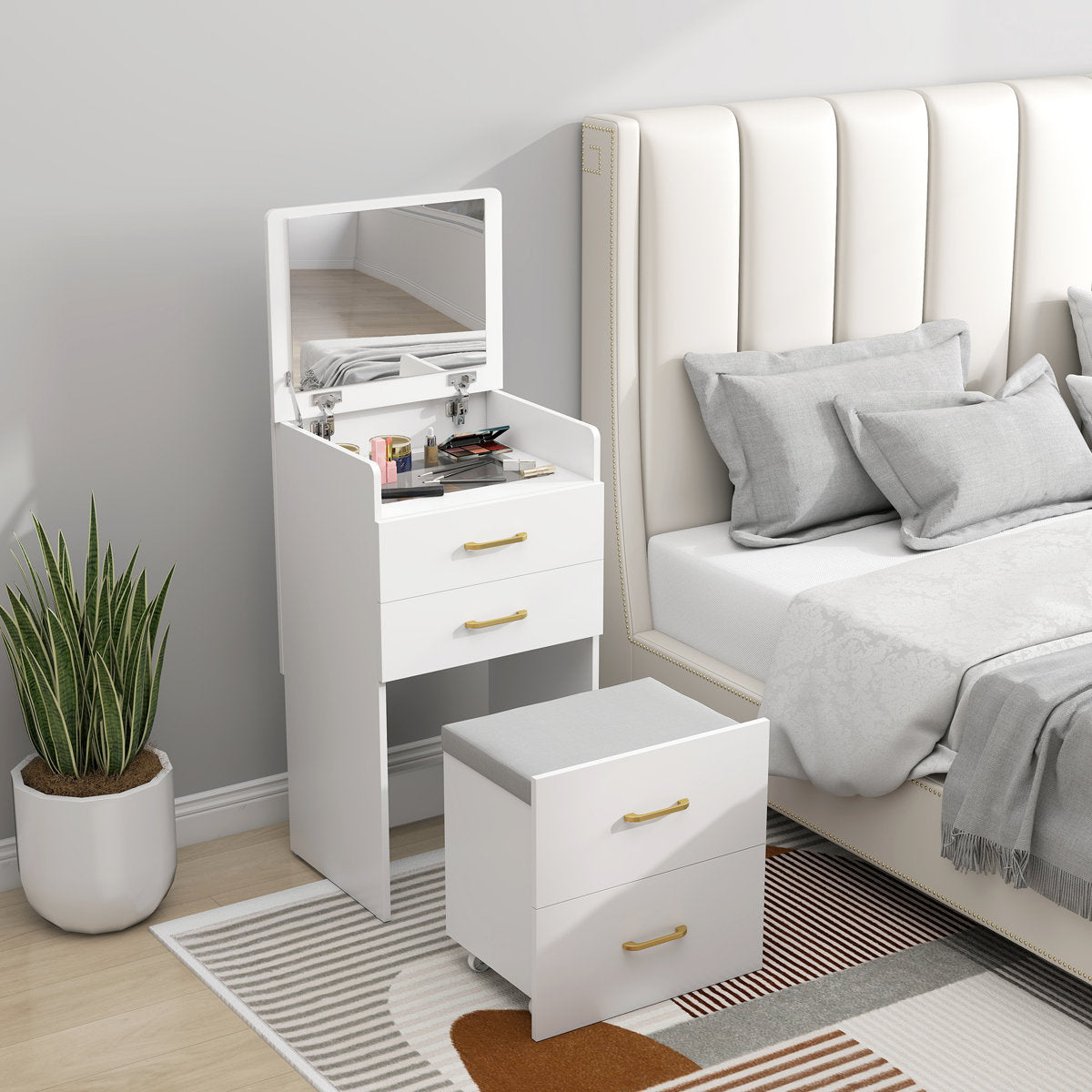OmkarWood Premium Space-Saving Dressing Unit with Mirror & Storage Stool