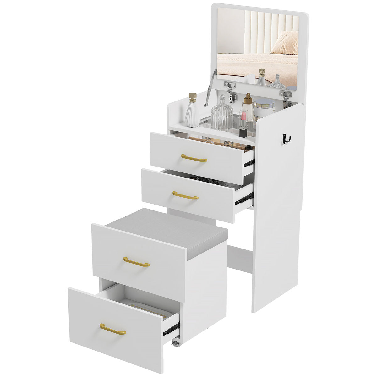 OmkarWood Premium Space-Saving Dressing Unit with Mirror & Storage Stool