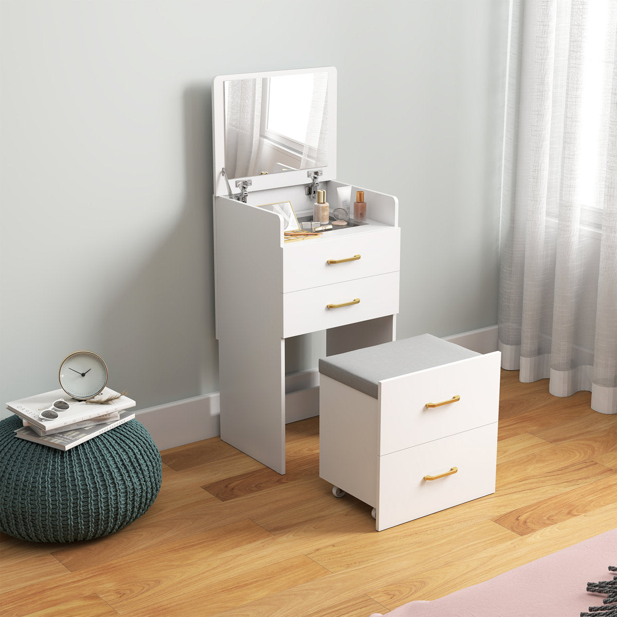 OmkarWood Premium Space-Saving Dressing Unit with Mirror & Storage Stool