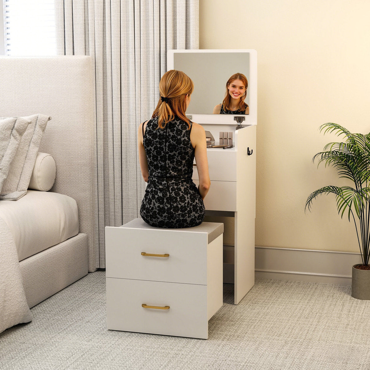 OmkarWood Premium Space-Saving Dressing Unit with Mirror & Storage Stool
