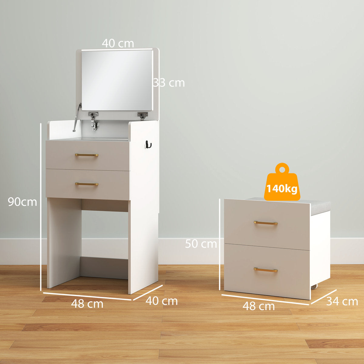 OmkarWood Premium Space-Saving Dressing Unit with Mirror & Storage Stool