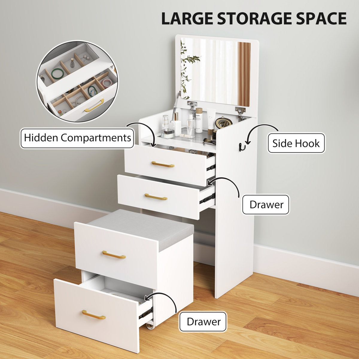 OmkarWood Premium Space-Saving Dressing Unit with Mirror & Storage Stool