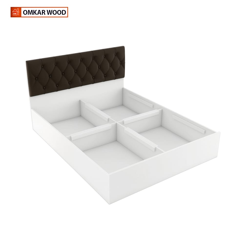 OmkarWood Premium Queen Size Bed with Cushioned Headboard & Box Storage Frosty White