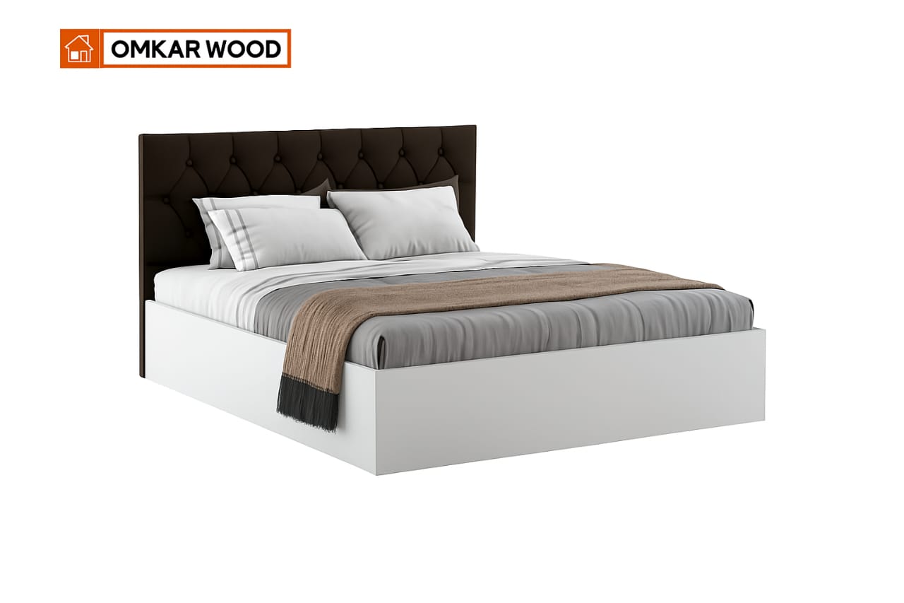 OmkarWood Premium Queen Size Bed with Cushioned Headboard & Box Storage Frosty White