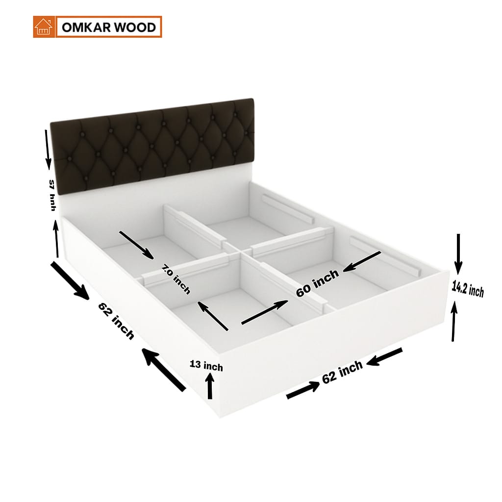 OmkarWood Premium Queen Size Bed with Cushioned Headboard & Box Storage Frosty White