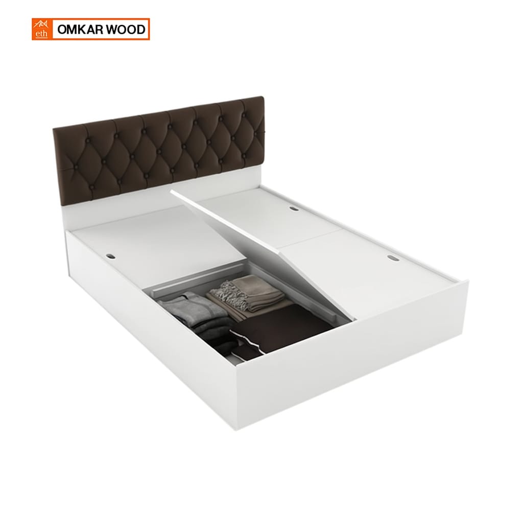 OmkarWood Premium Queen Size Bed with Cushioned Headboard & Box Storage Frosty White