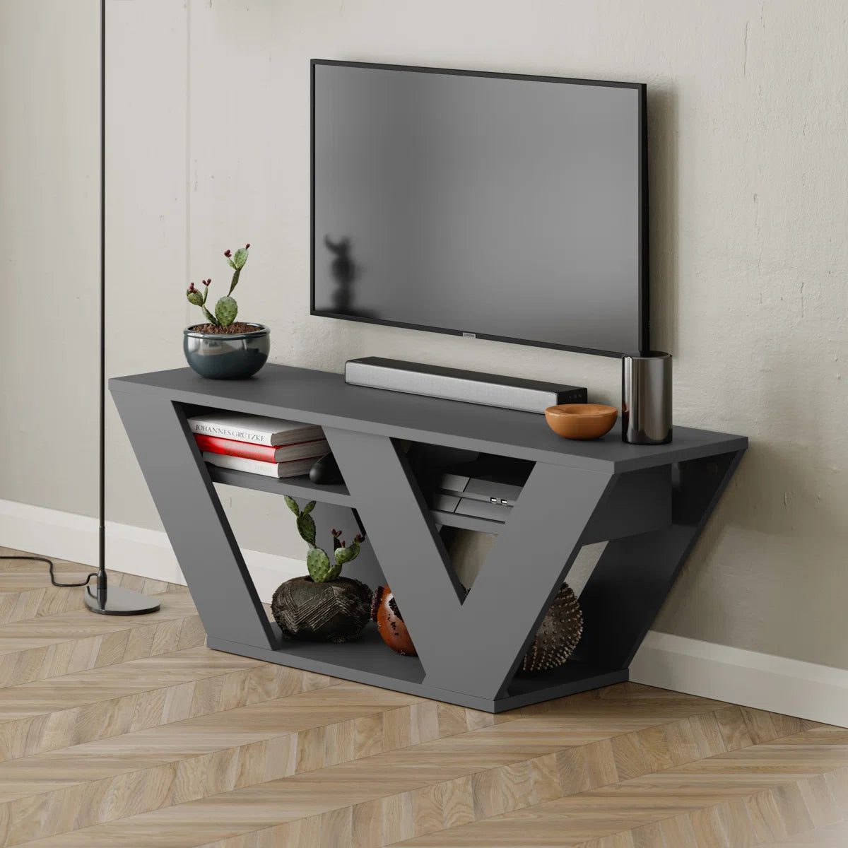 Omkarwood Kirstin 110 cm Modern V-Leg TV Unit – Grey Finish