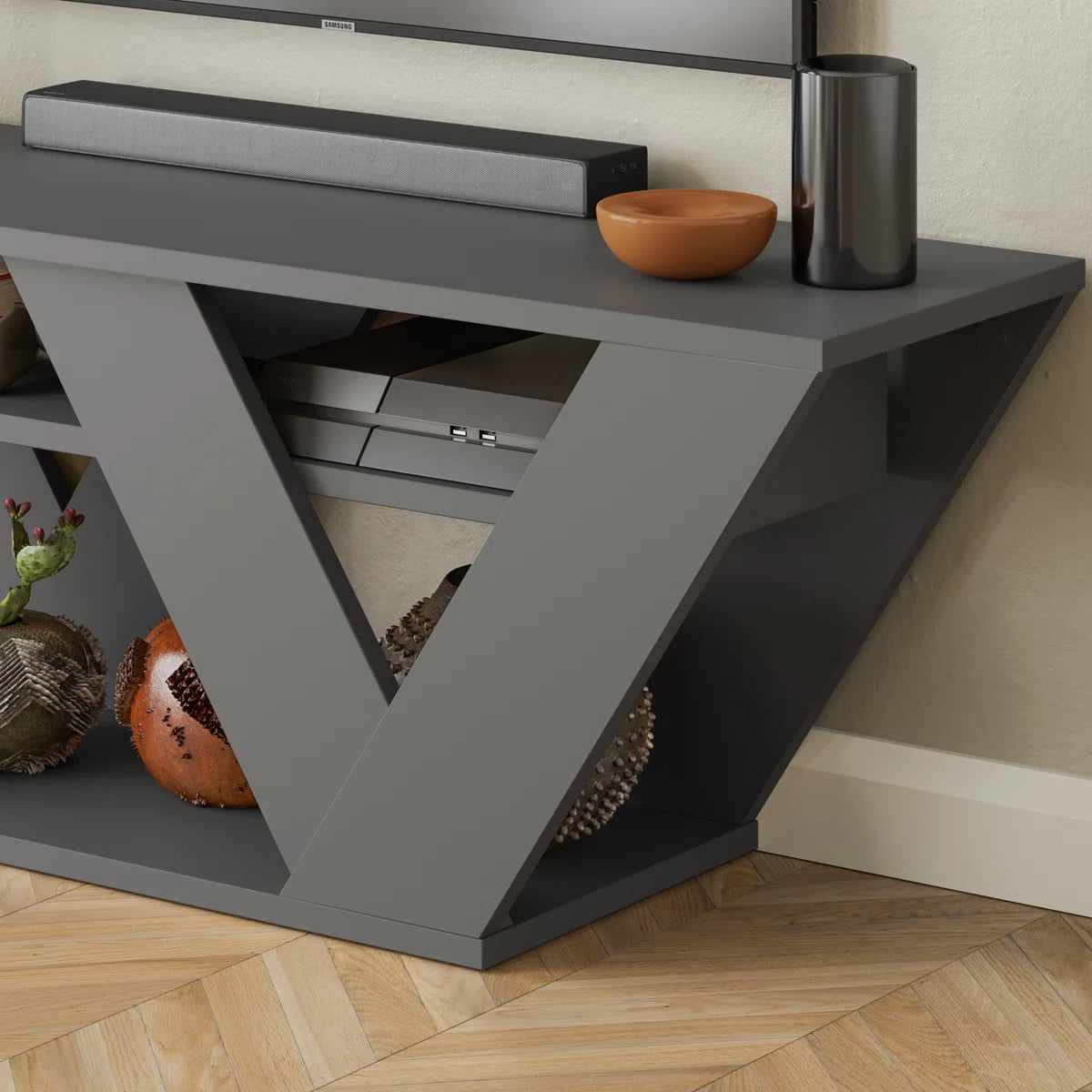 Omkarwood Kirstin 110 cm Modern V-Leg TV Unit – Grey Finish