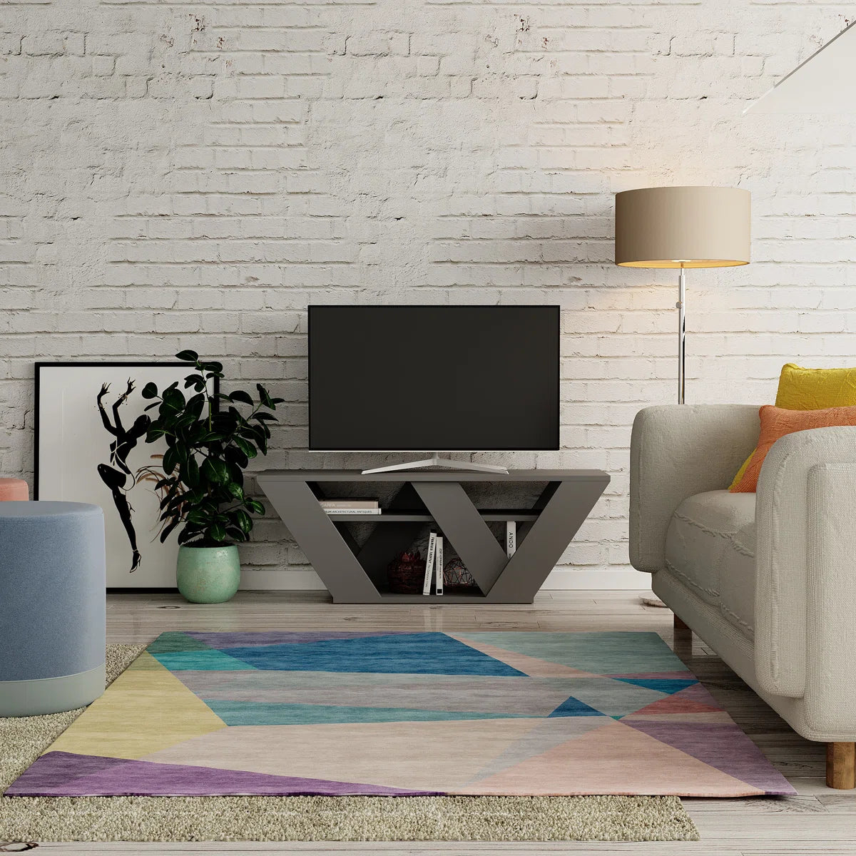 Omkarwood Kirstin 110 cm Modern V-Leg TV Unit – Grey Finish