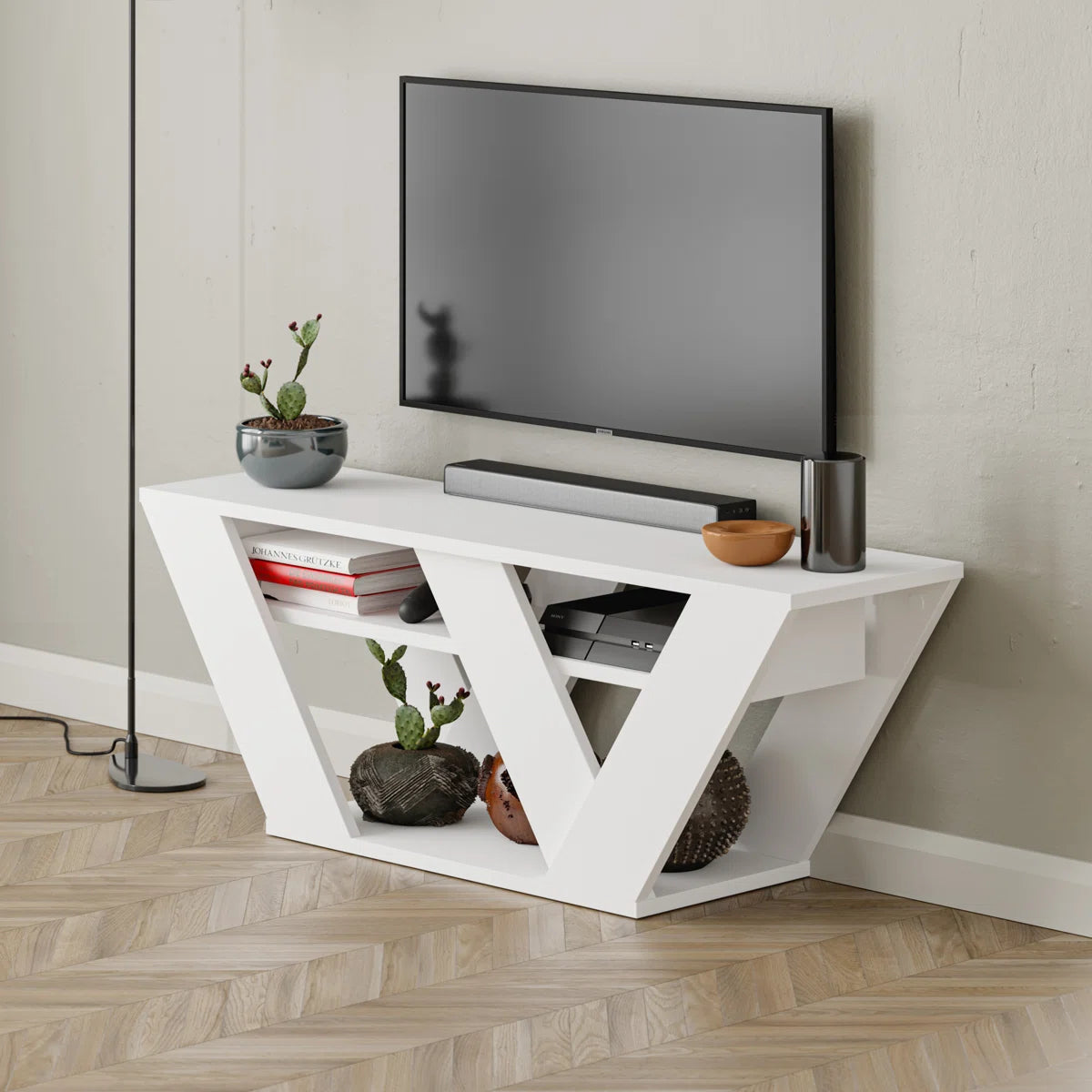 Omkarwood Kirstin 110 cm Modern V-Leg TV Unit – White