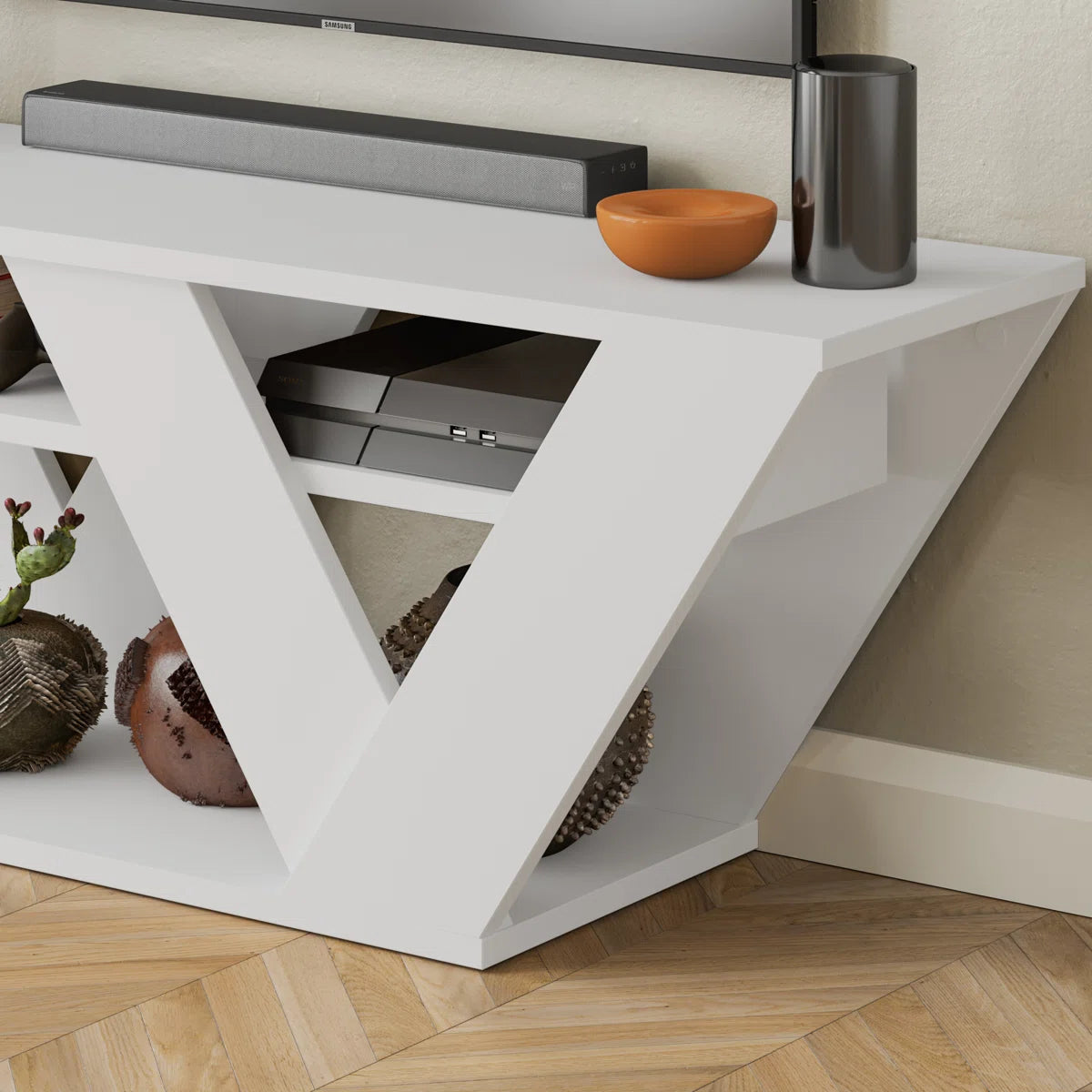 Omkarwood Kirstin 110 cm Modern V-Leg TV Unit – White