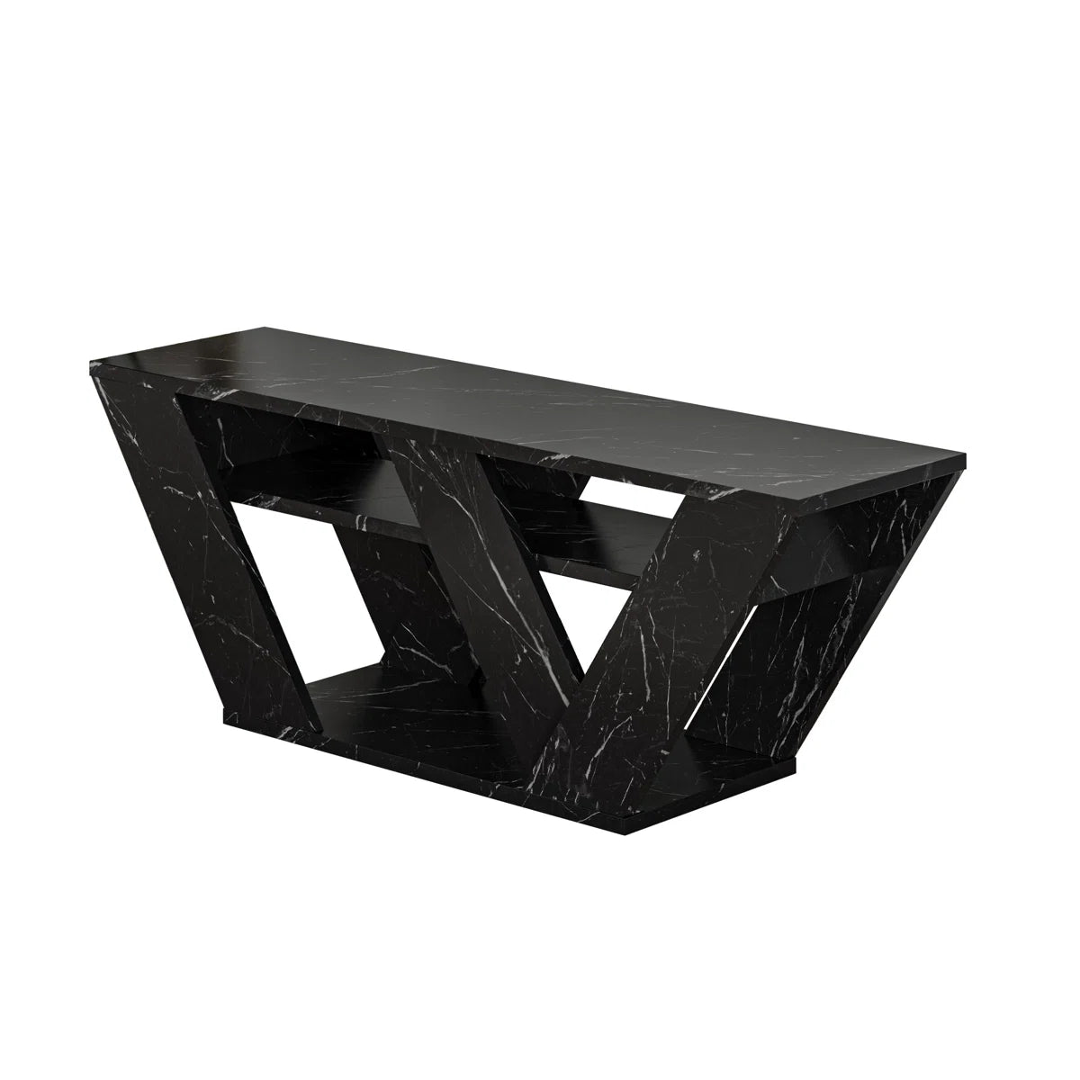 Omkarwood Kirstin 110 cm TV Unit – Marble Black Finish | Modern V-Leg Entertainment Stand