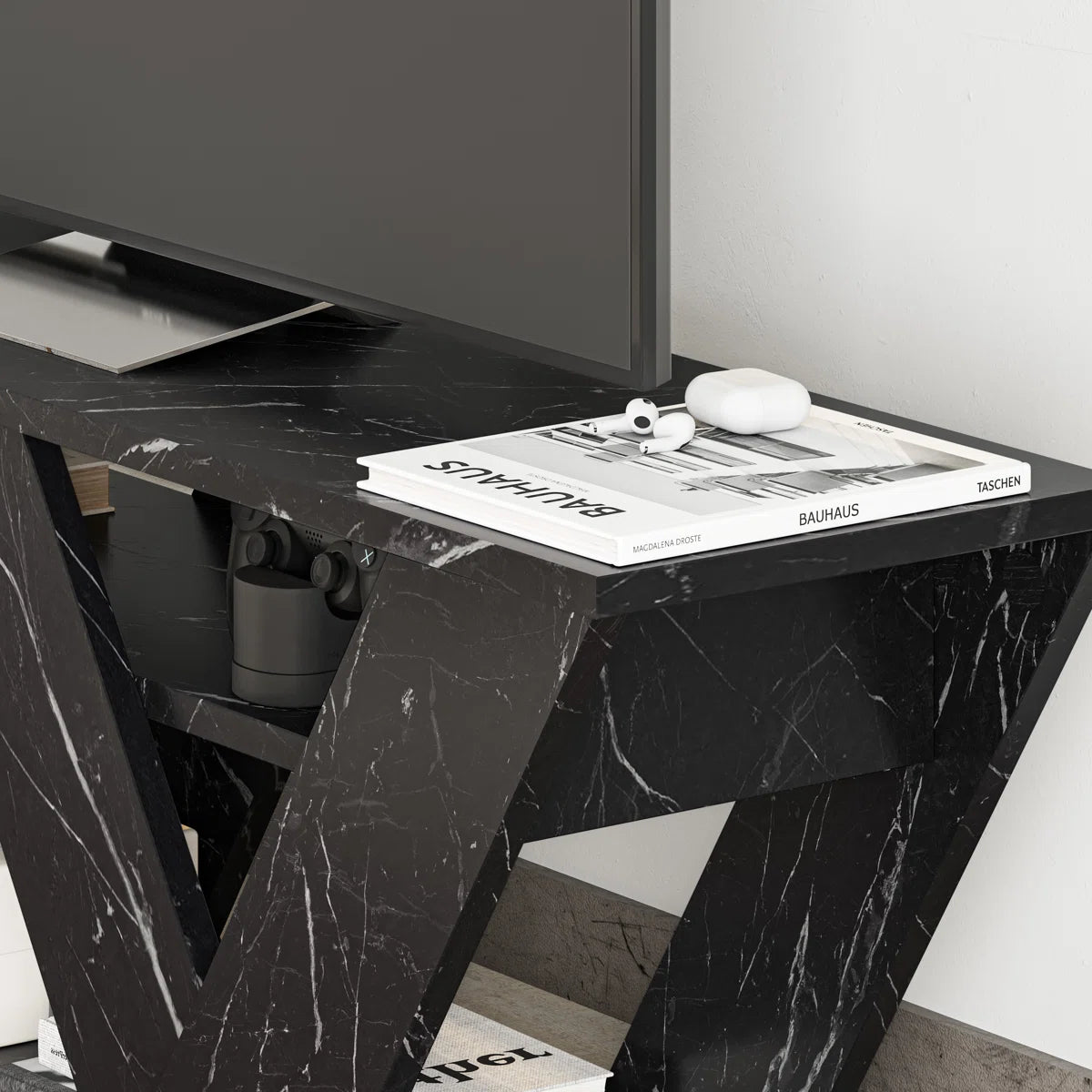 Omkarwood Kirstin 110 cm TV Unit – Marble Black Finish | Modern V-Leg Entertainment Stand
